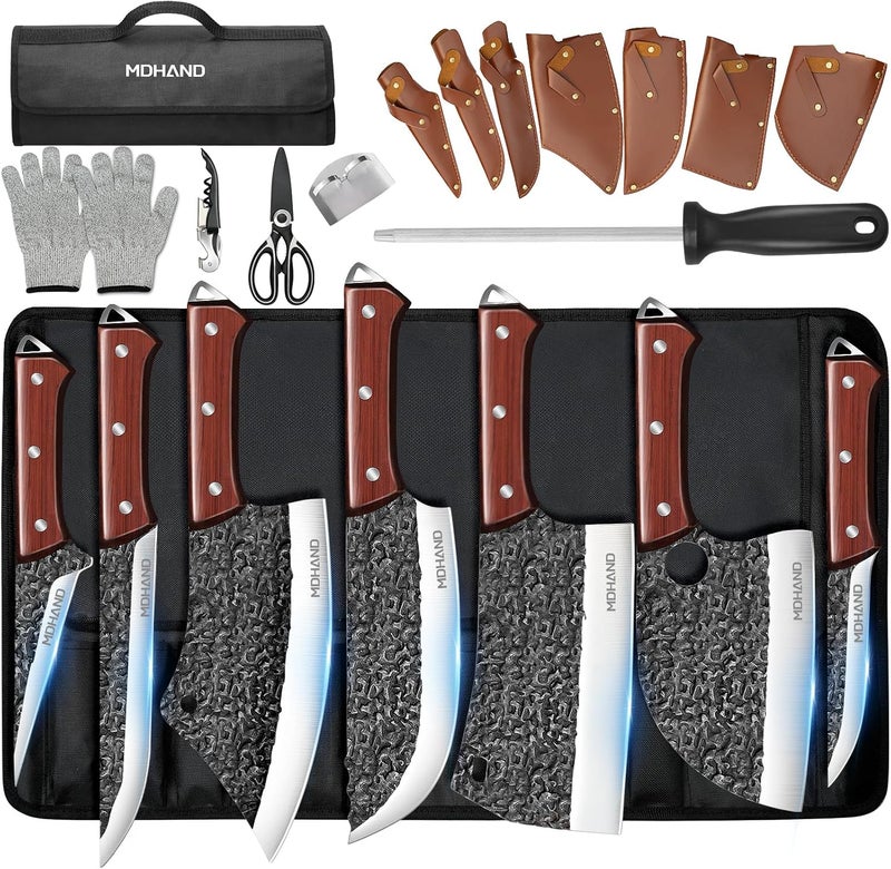 MDHAND 14PCS Butcher Knife Set, Hand Forged Butcher Chef Knife Set with Roll Bag, Sharp Meat Cleaver Knife & Bone Chopper Knives & Fillet Knives for Home & Camping & BBQ Gift for Men - Image 1